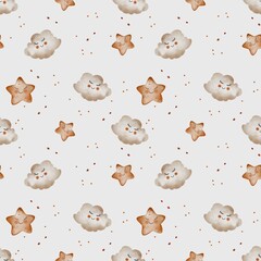 Seamless watercolor pattern with cute clouds and stars on a pastel lilac background. Hand-painted design for nursery, baby fabric, and kids decor