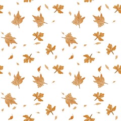 Seamless watercolor pattern with yellow autumn leaves on a white background. Hand-painted fall design for seasonal textiles, packaging, and stationery.