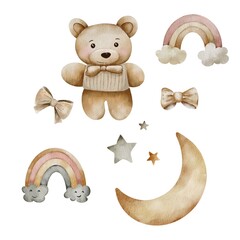Cute watercolor teddy bear in a sweater with a bow tie, plus individual pastel elements: moon, stars, butterflies, and rainbows. Hand-painted clipart for nursery and baby design projects.

