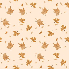 Seamless watercolor pattern with yellow fall leaves on a peach background. Hand-painted autumn design for warm seasonal prints and cozy baby fabric.