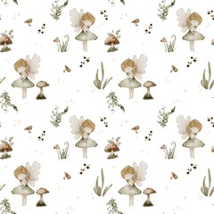 Seamless watercolor pattern with fairies, mushrooms, and forest plants on a white background. Hand-painted magical design for kids, nursery, and fabric prints.