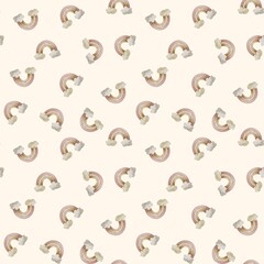 Seamless watercolor pattern with pastel rainbows on a beige background. Hand-painted baby design for nursery decor, fabric, and kids projects.