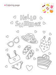 Fun summer beach-themed coloring page with outline drawings of hat, flip-flops, sunglasses, swimsuits, and bag – includes corner color reference, great for kids’ creative summer projects.