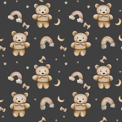 Seamless watercolor pattern with a teddy bear in a sweater and bow tie, pastel stars, moons, butterflies, and rainbows on a dark background. Hand-painted bedtime design for nursery textiles 
