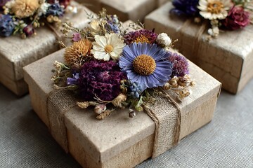 Dynamic rustic gift packaging with dried flowers kraft  

