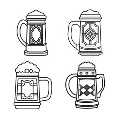 line art of german beer stein filled with frothy set bundle on the white background