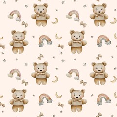 Seamless watercolor pattern with a teddy bear in a sweater and bow tie, pastel stars, moons, rainbows, and butterflies on a light peach background. Hand-painted baby design for nursery, fabric, and ki