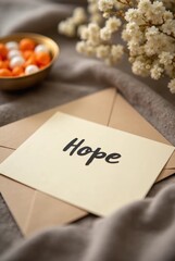 An uplifting message card with the word Hope placed on a beige envelope alongside a bowl of colorful candies and delicate white flowers, vertical composition