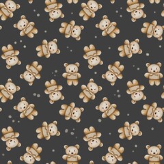 Seamless watercolor pattern with teddy bears in sweaters and bow ties on a black background. Hand-painted design for baby boys, nursery, and night-themed kids products.