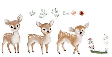 Three cute watercolor fawns with flowers and leaves. Soft hand-painted clipart for nursery, baby shower, and woodland designs