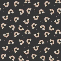 Seamless watercolor pattern with pastel rainbows on a dark background. Hand-painted design for baby fabric, night-themed nursery, and kids products.