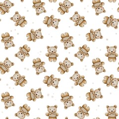 Seamless watercolor pattern with teddy bears in sweaters and bow ties on a white background. Hand-painted soft design for nursery, baby fabrics, and kids products.