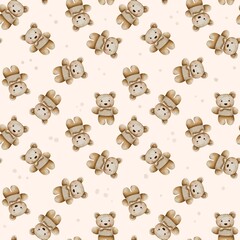 Seamless watercolor pattern with teddy bears in sweaters and bow ties on a beige background. Hand-painted baby design for nursery, fabric, and cozy kids products.