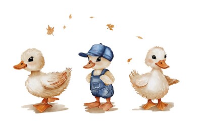Set of three cute watercolor ducklings, one wearing a blue denim cap and overalls, with yellow leaves. Hand-painted clipart for kids designs, autumn themes, and nursery decor.