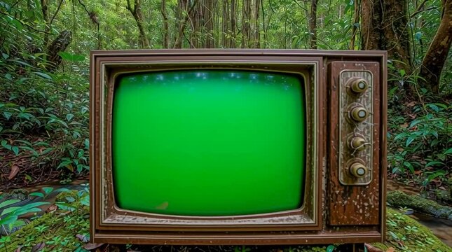 Vintage TV with green screen placed in the middle of a lush forest, ideal for mockup or video editing.