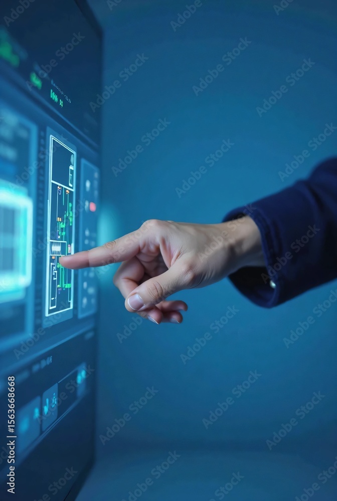 Poster a hand reaches toward a glowing touchscreen interface filled with schematic lines and digital elemen