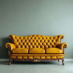 Elegant Mustard Yellow Leather Chesterfield Sofa Against Gray Wall