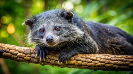 A curious binturong rests on a textured branch, its expressive eyes and distinctive facial features captivating against a vibrant green backdrop.