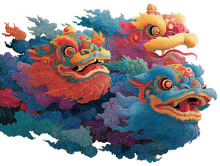 colorful auspicious Chinese dragons soaring through clouds pattern in cutout png format
