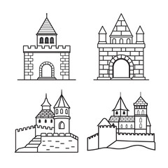 Fototapeta premium line art of czech castle tower rising above mediev set bundle on the background