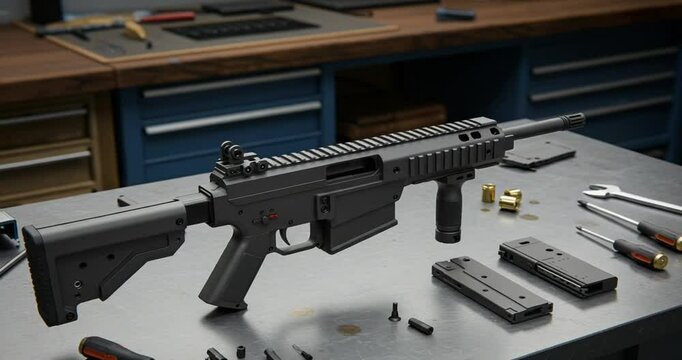 Gun assembly on a workbench with tools and parts