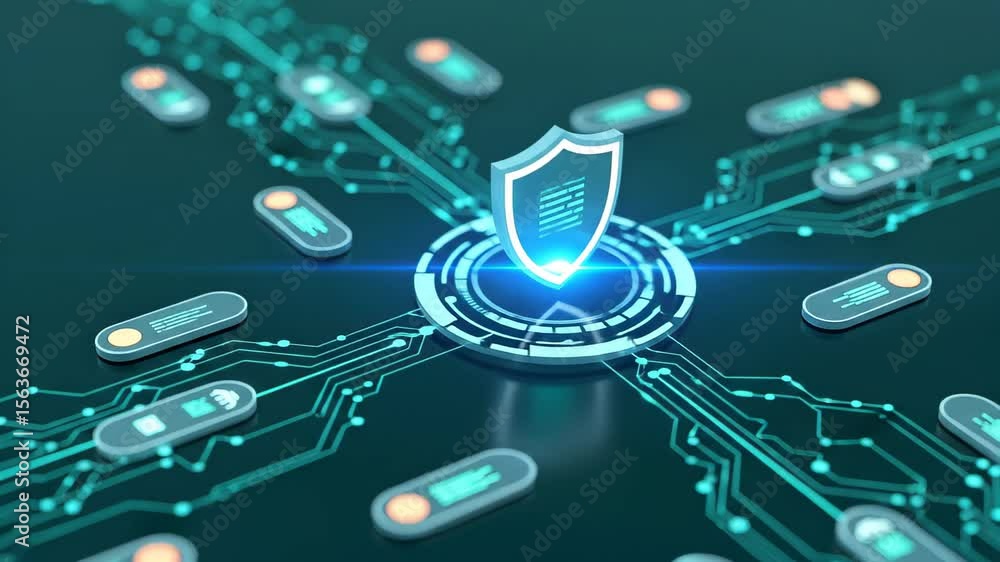 Poster cybersecurity shield protecting digital data with network connections, modern tech