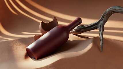 Burgundy wine bottle in sculpted sand with ceramic shards and gnarled root – Ideal for winery promotions, artisanal branding, or poetic product photography.