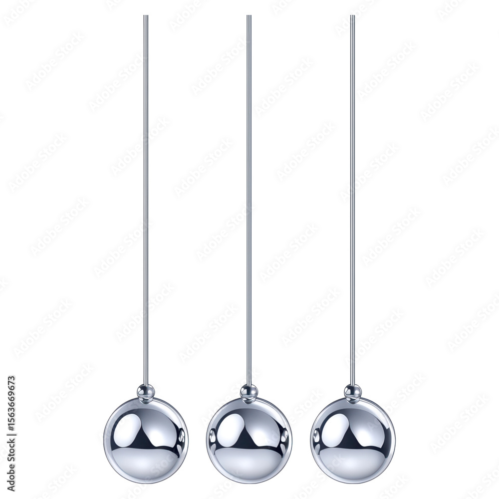 Poster three chrome pendulums with simple design hanging in white background, isolated on transparent backg