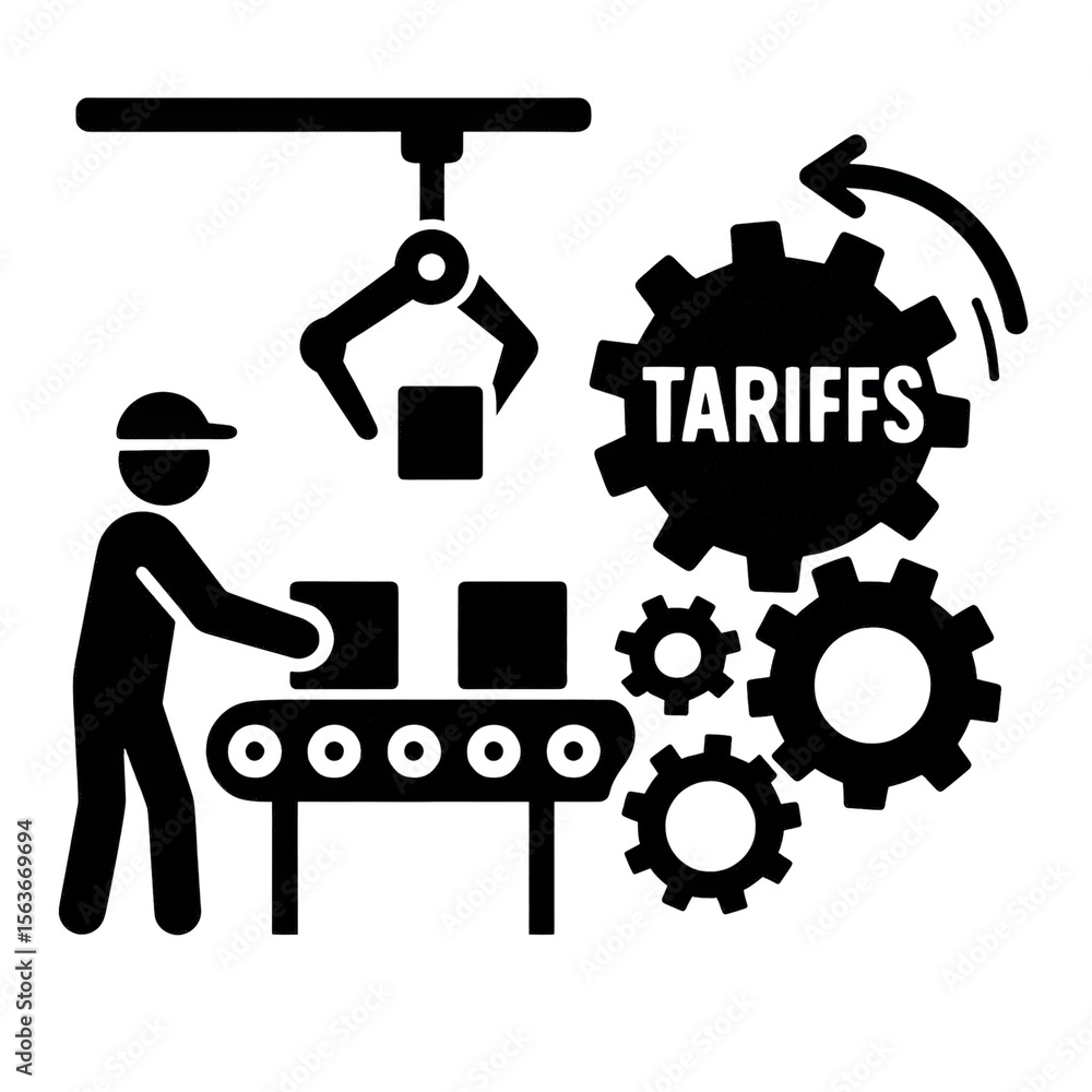 Poster import tariffs policy impact concept. worker handling machinery in a factory setting.