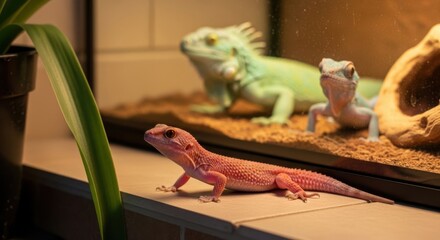 Three Lizards In A Terrarium With One Lizard In The Foreground