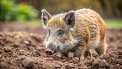 A Young Wild Boar Investigates the Earth, Its Bristly Fur and Keen Eyes Focused on the Ground