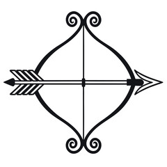 Stylized black bow and arrow emblem with ornate scrollwork isolated on white background