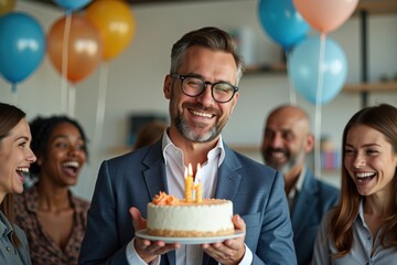 A white man in a suit holds a birthday cake with a candle, smiling happily. The office is decorated with balloons and coworkers laugh around him