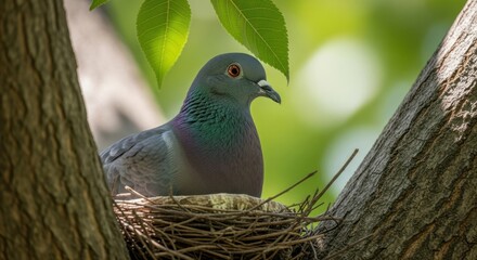 A Pigeon Sits Comfortably In Its Nest Nestled Among Tree Branches
