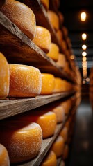 Cheese aging in a well-organized cellar with warm lighting during evening hours