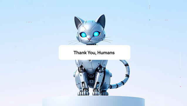 A friendly robotic cat with glowing blue eyes says thank you to humans