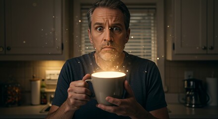 Astonished man gazes at glowing mug, magical light emanating from steaming beverage in dimly lit kitchen.