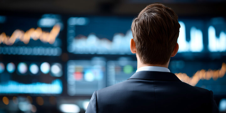 Businessman analyzing growth chart on laptop in finance environment for stock market insights