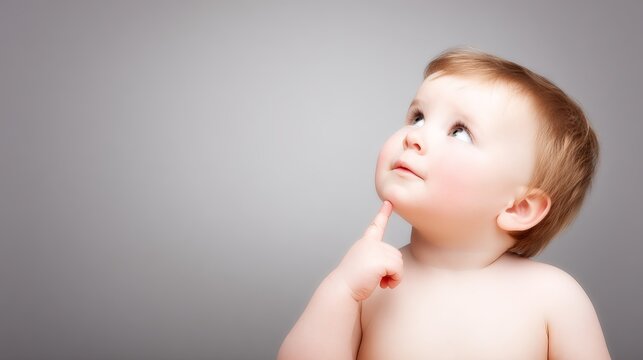 Curious toddler with light brown hair is pondering while looking up, showcasing innocence and wonder in a soft, neutral background with gentle lighting and a thoughtful expression