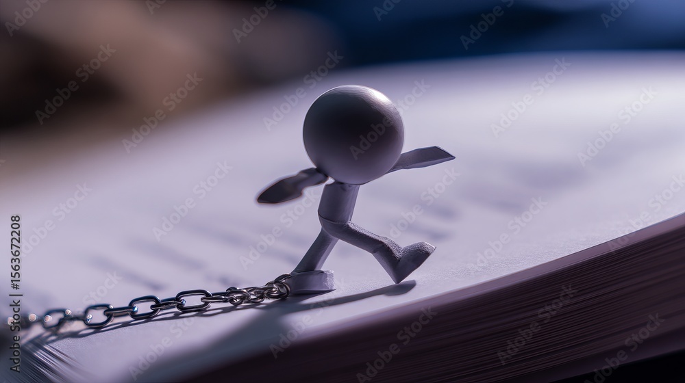 Poster small white figurine running on open pages of a book, connected by a chain, symbolizing the journey 