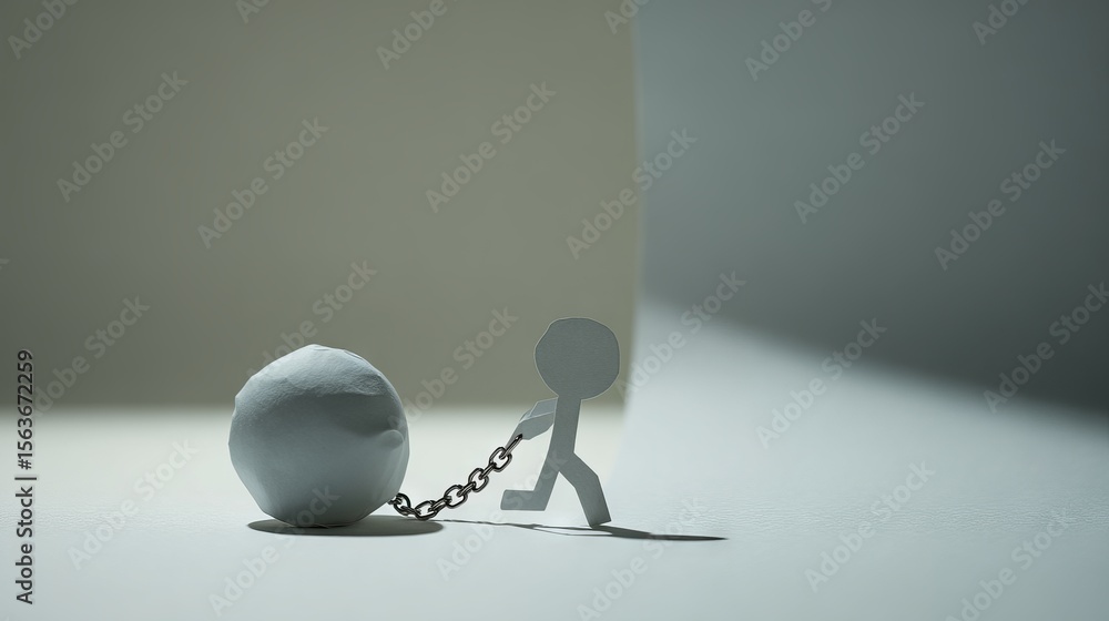 Poster paper figure pulling a heavy ball and chain, symbolizing struggle and perseverance, set against a mi