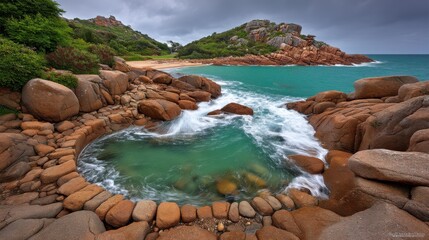 A natural coastal landscape featuring a rocky shoreline with a small tidal pool and lush green hills under a cloudy sky