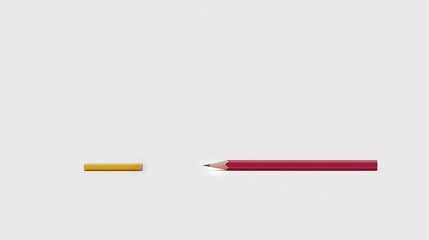 Yellow and red colored pencils placed on a minimalistic white background, showcasing size difference and vibrant colors, ideal for artistic and educational themes