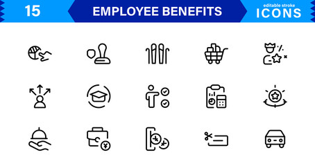 Employee Benefits Icon Set Representing Health, Retirement, Paid Leave, Bonuses, and Work-Life Balance Concepts in a Professional, Minimal Vector Design