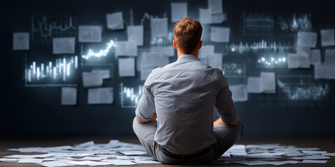 Businessman analyzing finance data on laptop with growth chart in modern office environment