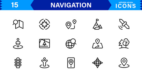Navigation Icon Set Featuring Map, Compass, Direction, Location, and GPS Concepts in a Simple, Download-Ready, and Professional Vector Style