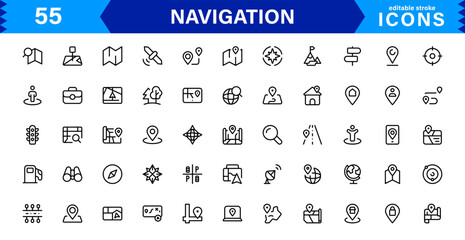 Navigation Icon Set Featuring Map, Compass, Direction, Location, and GPS Concepts in a Simple, Download-Ready, and Professional Vector Style