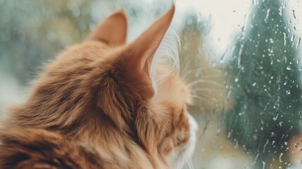 Orange tabby cat gazing out a rain-soaked window, with droplets glistening on the glass, creating a serene atmosphere of contemplation and tranquility