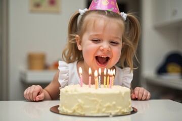 A child wearing a party hat blows out candles on a birthday cake, smiling happily. The scene is full of joy and celebration