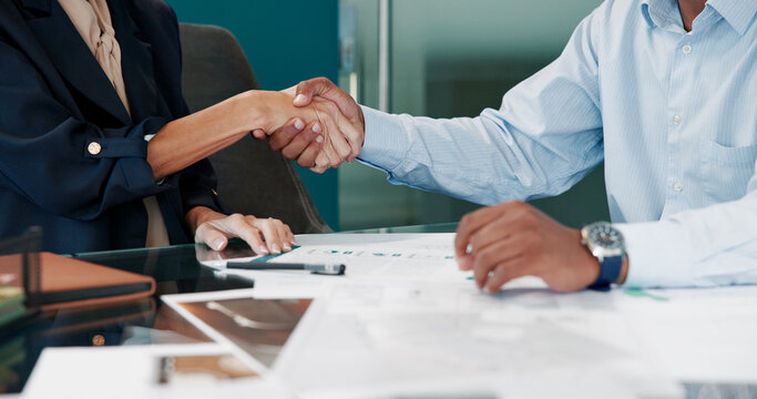 Interview, business people and handshake in office for hiring, contract deal and recruitment. Agreement, team and shaking hands for onboarding, support and collaboration with partnership negotiation